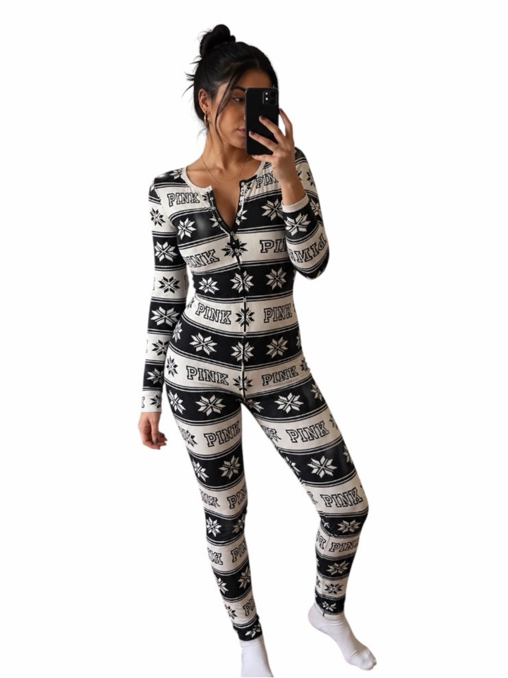 Victorias Secret PINK Medium Black & White Thermal Onesie Pajama w/ Butt Flap